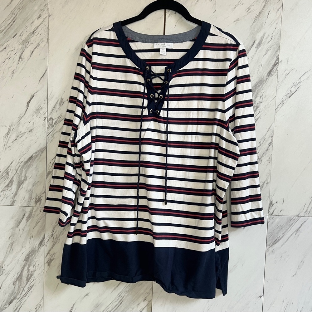 3/$60 Charter Club Stripe Lace Up Tie Notch Neck Top 3X